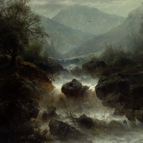 RUDOLF GIFFINGER MOUNTAIN LANDSCAPE WITH TORRENT BY MOONLIGHT ANTIQUE OIL PAINTING - ADDITIONAL PHOTO 5