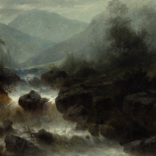 RUDOLF GIFFINGER MOUNTAIN LANDSCAPE WITH TORRENT BY MOONLIGHT ANTIQUE OIL PAINTING - ADDITIONAL PHOTO 6