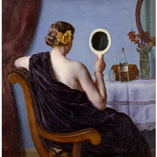 SOPHUS VERMEHREN AT THE DRESSING TABLE ANTIQUE OIL PAINTING - ADDITIONAL PHOTO 1
