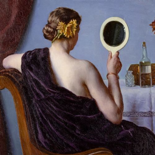 SOPHUS VERMEHREN AT THE DRESSING TABLE ANTIQUE OIL PAINTING - ADDITIONAL PHOTO 2