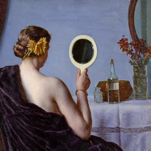SOPHUS VERMEHREN AT THE DRESSING TABLE ANTIQUE OIL PAINTING - ADDITIONAL PHOTO 3