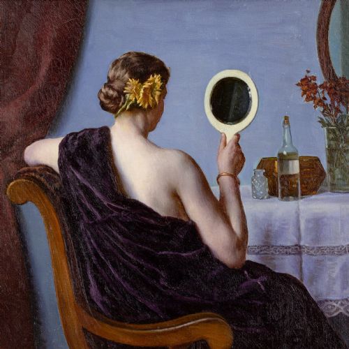 SOPHUS VERMEHREN AT THE DRESSING TABLE ANTIQUE OIL PAINTING - ADDITIONAL PHOTO 4