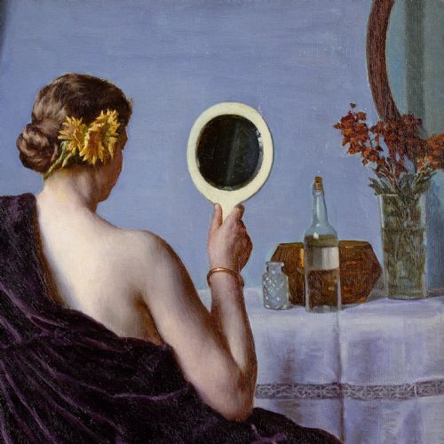 SOPHUS VERMEHREN AT THE DRESSING TABLE ANTIQUE OIL PAINTING - ADDITIONAL PHOTO 5