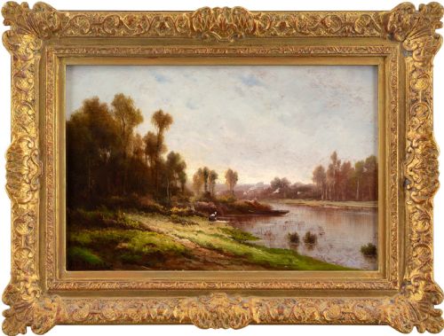 ROBERT T STUART RIVER LANDSCAPE WITH WASHERWOMAN ANTIQUE OIL PAINTING