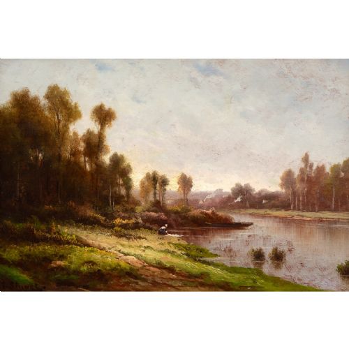 ROBERT T STUART RIVER LANDSCAPE WITH WASHERWOMAN ANTIQUE OIL PAINTING - ADDITIONAL PHOTO 1
