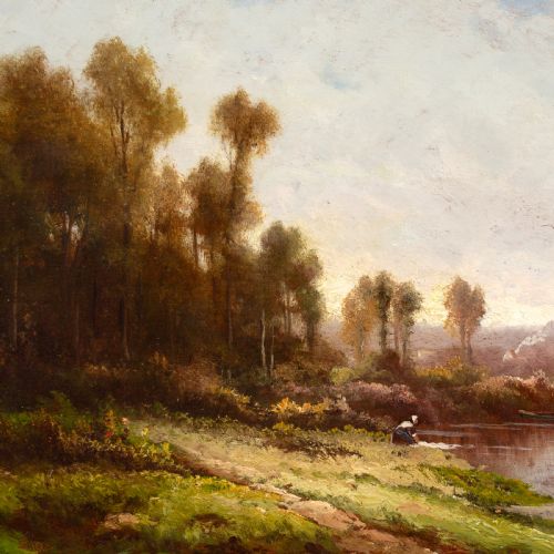 ROBERT T STUART RIVER LANDSCAPE WITH WASHERWOMAN ANTIQUE OIL PAINTING - ADDITIONAL PHOTO 2