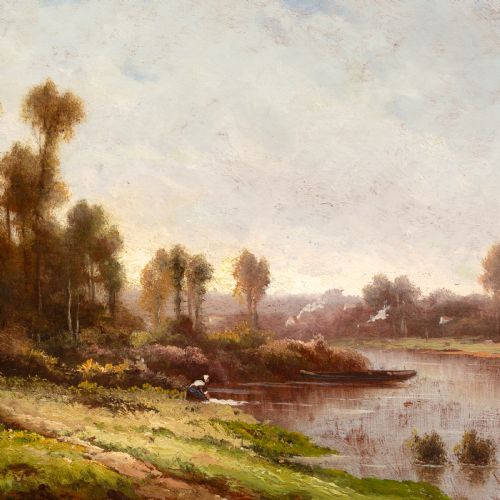 ROBERT T STUART RIVER LANDSCAPE WITH WASHERWOMAN ANTIQUE OIL PAINTING - ADDITIONAL PHOTO 3