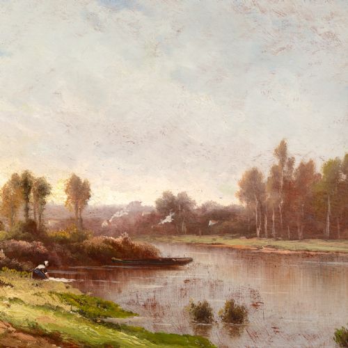 ROBERT T STUART RIVER LANDSCAPE WITH WASHERWOMAN ANTIQUE OIL PAINTING - ADDITIONAL PHOTO 4