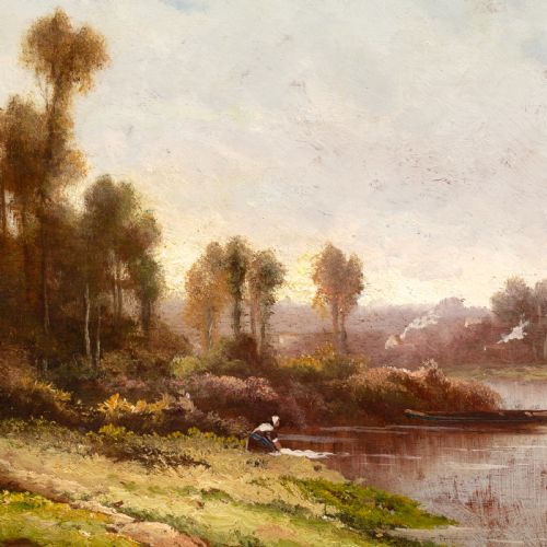 ROBERT T STUART RIVER LANDSCAPE WITH WASHERWOMAN ANTIQUE OIL PAINTING - ADDITIONAL PHOTO 5