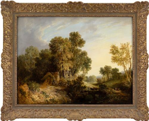 henry harris lines rustic scene with drover antique oil painting - CATEGORY: ANTIQUE ART - DATED 1800