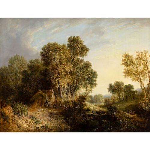 HENRY HARRIS LINES RUSTIC SCENE WITH DROVER ANTIQUE OIL PAINTING - ADDITIONAL PHOTO 1