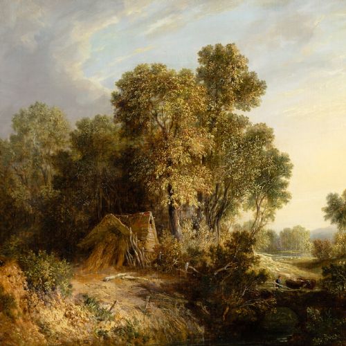 HENRY HARRIS LINES RUSTIC SCENE WITH DROVER ANTIQUE OIL PAINTING - ADDITIONAL PHOTO 2