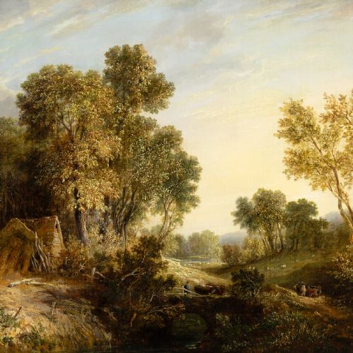 HENRY HARRIS LINES RUSTIC SCENE WITH DROVER ANTIQUE OIL PAINTING - ADDITIONAL PHOTO 3