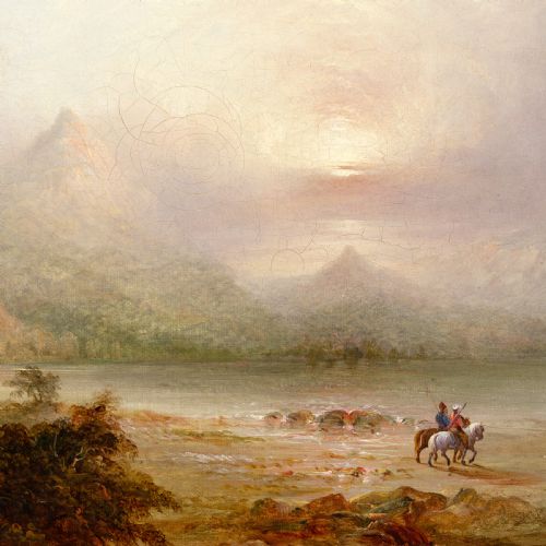 JAMES BAKER PYNE MOUNTAINOUS LANDSCAPE WITH RIDERS ANTIQUE OIL PAINTING - ADDITIONAL PHOTO 2