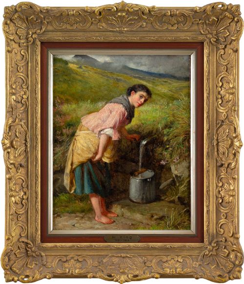 haynes king gathering from the spring antique oil painting - CATEGORY: ANTIQUE ART - DATED 1870