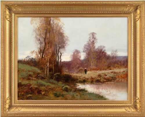 CHARLES CLAIR AUTUMNAL RIVER LANDSCAPE ANTIQUE OIL PAINTING