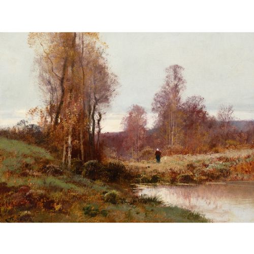 CHARLES CLAIR AUTUMNAL RIVER LANDSCAPE ANTIQUE OIL PAINTING - ADDITIONAL PHOTO 1