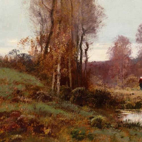 CHARLES CLAIR AUTUMNAL RIVER LANDSCAPE ANTIQUE OIL PAINTING - ADDITIONAL PHOTO 2