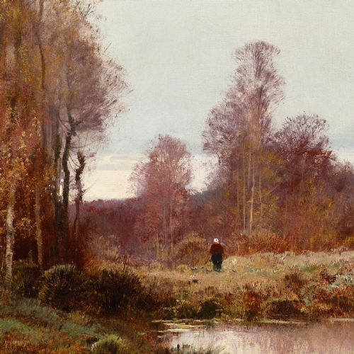 CHARLES CLAIR AUTUMNAL RIVER LANDSCAPE ANTIQUE OIL PAINTING - ADDITIONAL PHOTO 3