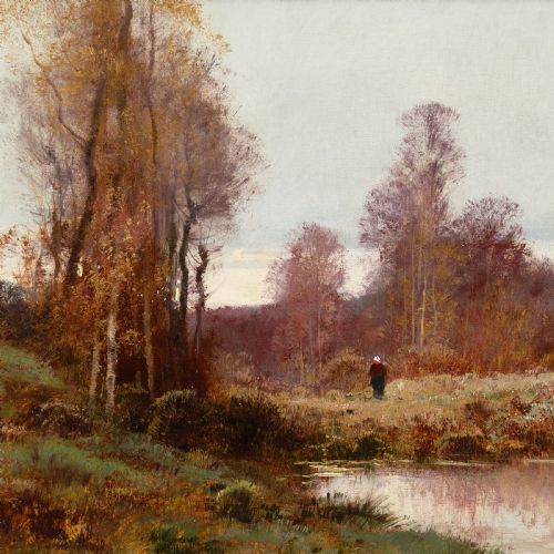 CHARLES CLAIR AUTUMNAL RIVER LANDSCAPE ANTIQUE OIL PAINTING - ADDITIONAL PHOTO 4