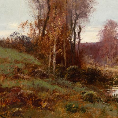 CHARLES CLAIR AUTUMNAL RIVER LANDSCAPE ANTIQUE OIL PAINTING - ADDITIONAL PHOTO 5