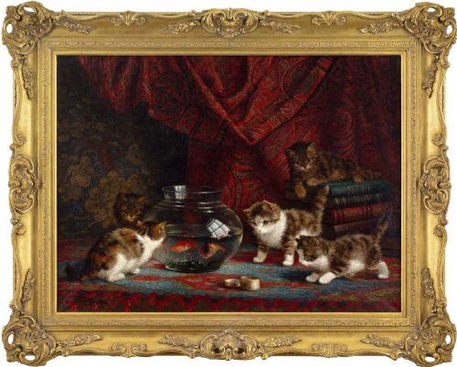 Oil Painting Cornelis Raaphorst, Interior with Kittens & Fish Bowl - Antique Oil Painting