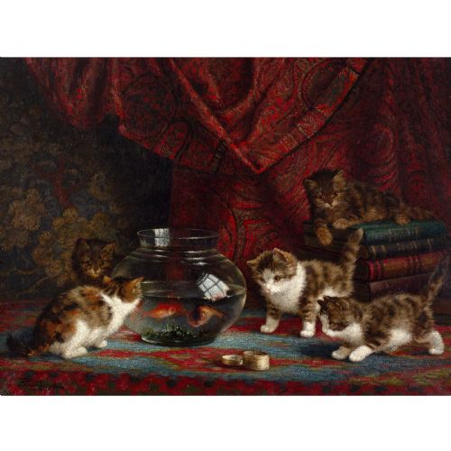 fig 1. oil Painting Cornelis Raaphorst, Interior With Kittens & Fish Bowl - Antique Oil Painting