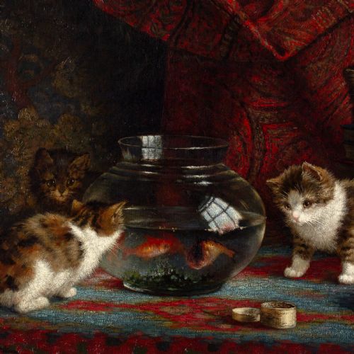 fig 2. oil Painting Cornelis Raaphorst, Interior With Kittens & Fish Bowl - Antique Oil Painting