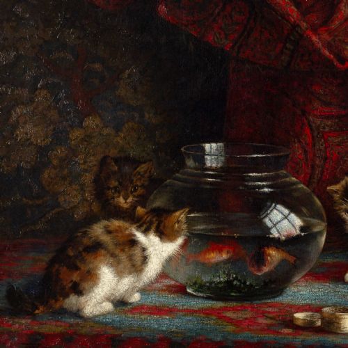 fig 3. oil Painting Cornelis Raaphorst, Interior With Kittens & Fish Bowl - Antique Oil Painting