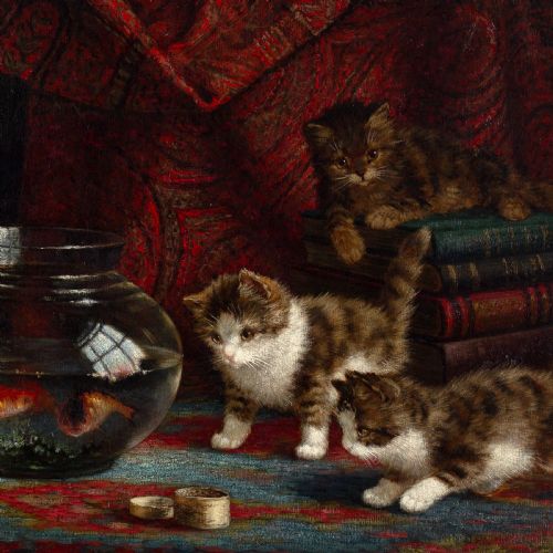 fig 4. oil Painting Cornelis Raaphorst, Interior With Kittens & Fish Bowl - Antique Oil Painting