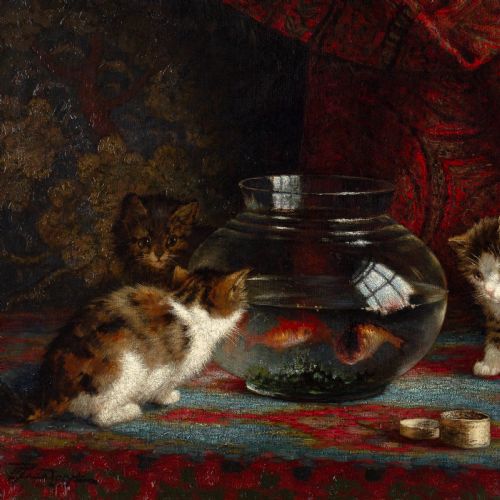 fig 5. oil Painting Cornelis Raaphorst, Interior With Kittens & Fish Bowl - Antique Oil Painting