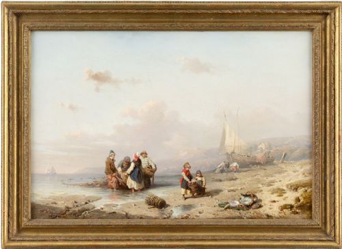 friedrich fritz hildebrandt hauling in the nets antique oil painting - CATEGORY: ANTIQUE ART - DATED 1850