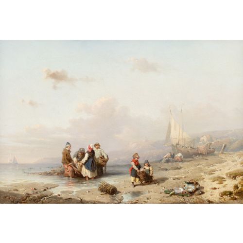 FRIEDRICH FRITZ HILDEBRANDT HAULING IN THE NETS ANTIQUE OIL PAINTING - ADDITIONAL PHOTO 1