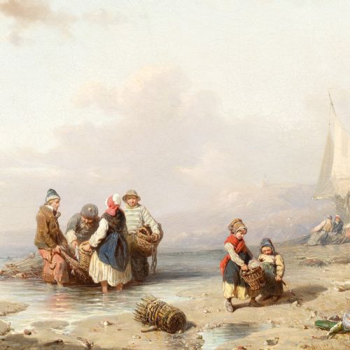 FRIEDRICH FRITZ HILDEBRANDT HAULING IN THE NETS ANTIQUE OIL PAINTING - ADDITIONAL PHOTO 2