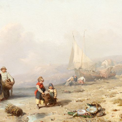 FRIEDRICH FRITZ HILDEBRANDT HAULING IN THE NETS ANTIQUE OIL PAINTING - ADDITIONAL PHOTO 3