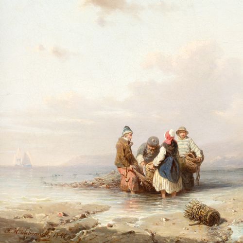 FRIEDRICH FRITZ HILDEBRANDT HAULING IN THE NETS ANTIQUE OIL PAINTING - ADDITIONAL PHOTO 4
