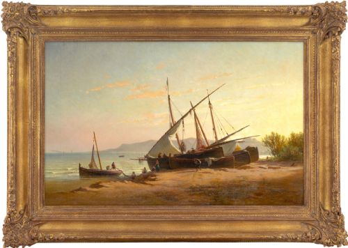 eugenio cecchiniprichard fishing boats at dusk antique oil painting - CATEGORY: ANTIQUE ART - DATED 1870