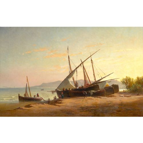 EUGENIO CECCHINIPRICHARD FISHING BOATS AT DUSK ANTIQUE OIL PAINTING - ADDITIONAL PHOTO 1
