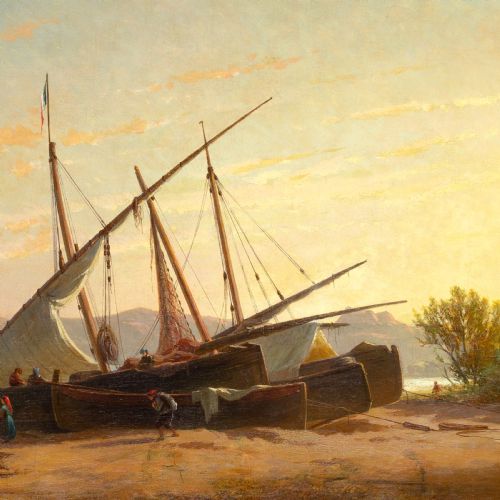 EUGENIO CECCHINIPRICHARD FISHING BOATS AT DUSK ANTIQUE OIL PAINTING - ADDITIONAL PHOTO 2