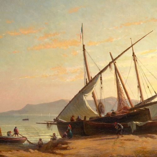 EUGENIO CECCHINIPRICHARD FISHING BOATS AT DUSK ANTIQUE OIL PAINTING - ADDITIONAL PHOTO 3