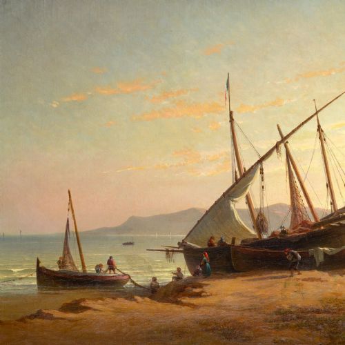 EUGENIO CECCHINIPRICHARD FISHING BOATS AT DUSK ANTIQUE OIL PAINTING - ADDITIONAL PHOTO 4