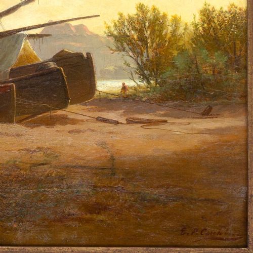 EUGENIO CECCHINIPRICHARD FISHING BOATS AT DUSK ANTIQUE OIL PAINTING - ADDITIONAL PHOTO 5