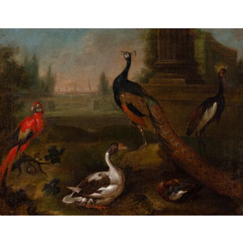 TOBIAS STRANOVER CIRCLE EXOTIC BIRDS IN AN ARCADIAN LANDSCAPE ANTIQUE OIL PAINTING - ADDITIONAL PHOTO 1