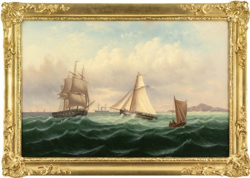 mid19thcentury swedish school choppy sea with various vessels antique oil painting - CATEGORY: ANTIQUE ART - DATED 1860