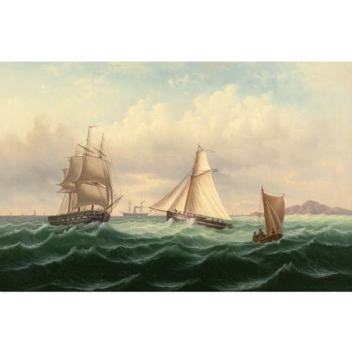 MID19THCENTURY SWEDISH SCHOOL CHOPPY SEA WITH VARIOUS VESSELS ANTIQUE OIL PAINTING - ADDITIONAL PHOTO 1