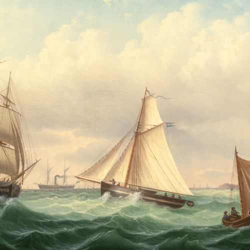 MID19THCENTURY SWEDISH SCHOOL CHOPPY SEA WITH VARIOUS VESSELS ANTIQUE OIL PAINTING - ADDITIONAL PHOTO 2