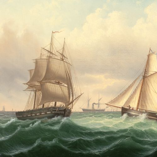 MID19THCENTURY SWEDISH SCHOOL CHOPPY SEA WITH VARIOUS VESSELS ANTIQUE OIL PAINTING - ADDITIONAL PHOTO 4