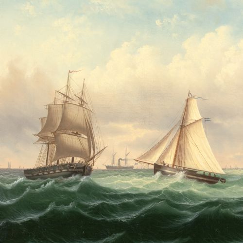 MID19THCENTURY SWEDISH SCHOOL CHOPPY SEA WITH VARIOUS VESSELS ANTIQUE OIL PAINTING - ADDITIONAL PHOTO 5