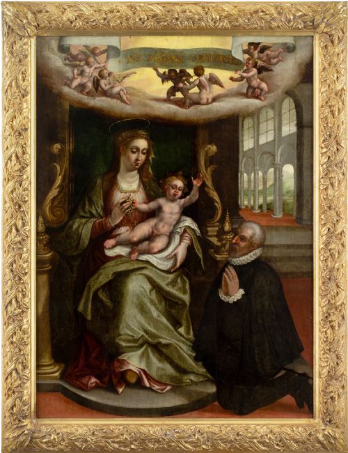 MIGUEL BARROSO CIRCLE VIRGIN CHILD WITH KNEELING DONOR ANTIQUE OIL PAINTING
