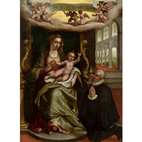 MIGUEL BARROSO CIRCLE VIRGIN CHILD WITH KNEELING DONOR ANTIQUE OIL PAINTING - ADDITIONAL PHOTO 1